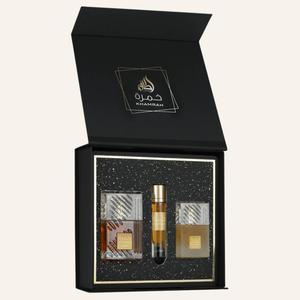 Three perfume bottles in a black gift box with 'Khamrah' branding.
