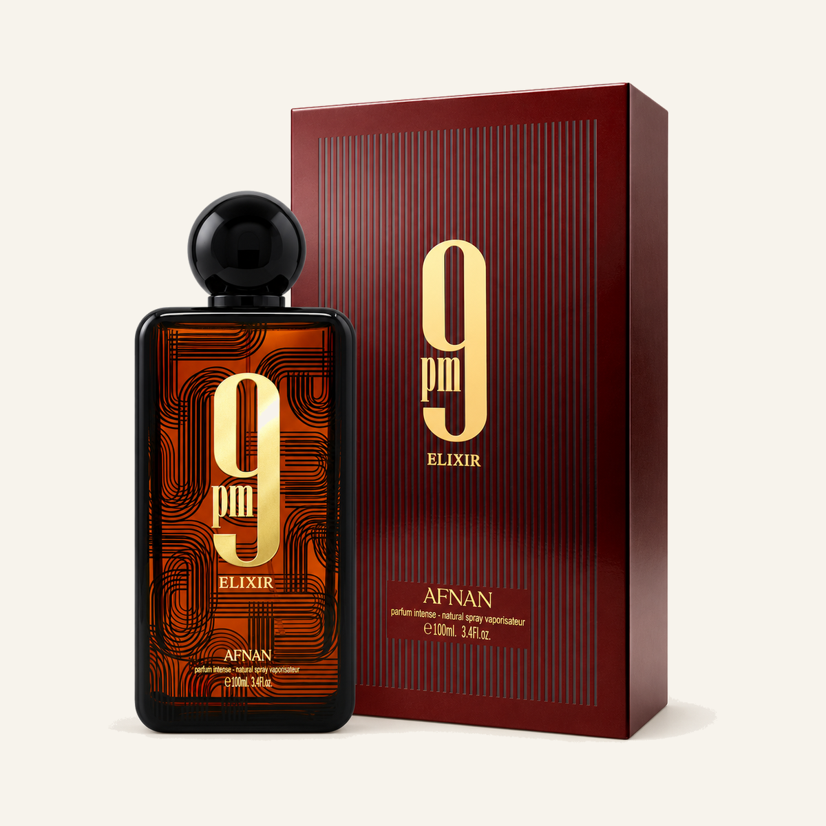 Afnan 9PM Elixir EDP 100ml bottle and box on cream background