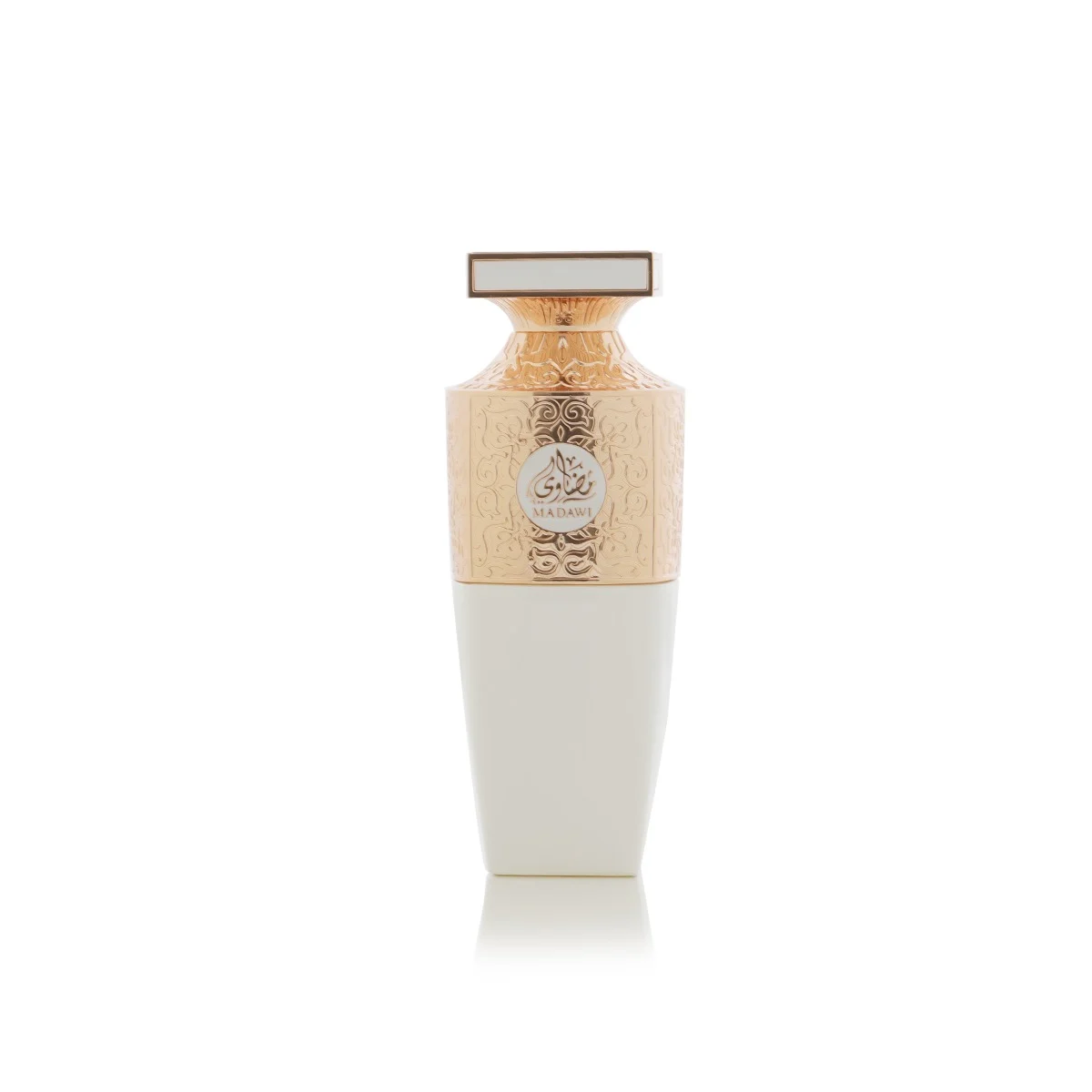 Perfume bottle with gold cap and white body on a white background