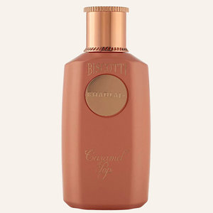 Khadlaj Biscotti Caramel Pop Extrait de Parfum 100ml bottle, Dubai Oud background #f7f3ec