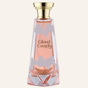 Khadlaj Cloud Candy EDP 100ml bottle, Dubai Oud background #f7f3ec