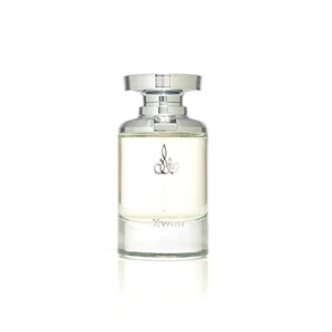 Perfume bottle with silver cap on a white background