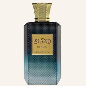 Khadlaj Island Dreams Extrait de Parfum 100ml bottle, Dubai Oud background #f7f3ec