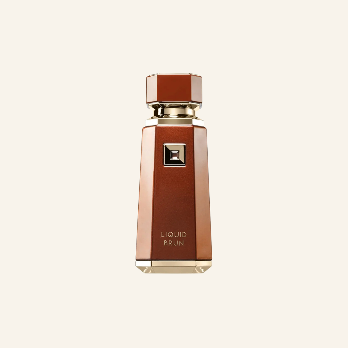 A faceted rectangular perfume bottle in a rich reddish-brown shade with gold trim and a matching cap, labeled 'LIQUID BRUN' on a light cream background.