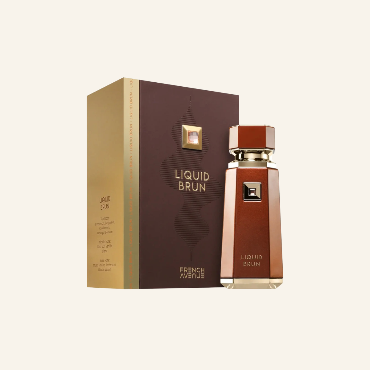 A bottle of Liquid Brun perfume by French Avenue stands next to its matching box packaging on a solid cream background. The bottle and box are a warm reddish-brown color with gold lettering and a gold geometric logo accent.