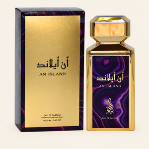 Risala An Island Eau de Parfum 100ml perfume bottle with original box on cream background