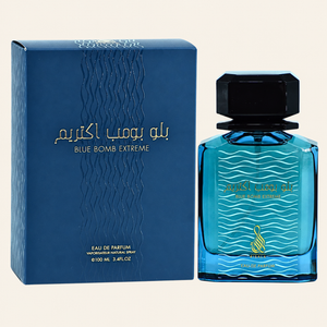 Risala Blue Bomb Extreme Eau de Parfum 100ml perfume bottle with original box on cream background