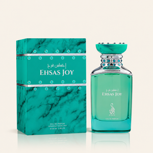 Risala Ehsas Joy Eau de Parfum 100ml perfume bottle with original box on cream background