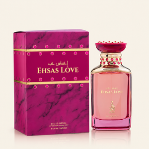 Risala Ehsas Love Eau de Parfum 100ml perfume bottle with original box on cream background