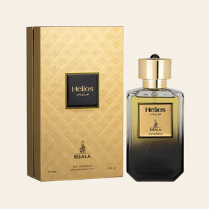 Risala Helios Eau de Parfum 110ml perfume bottle with original box on cream background