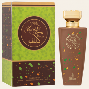 Risala Pista Kunafa Eau de Parfum 100ml perfume bottle with original box on cream background