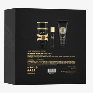 Back view of the Lattafa Asad 3-piece gift set box with product and fragrance information