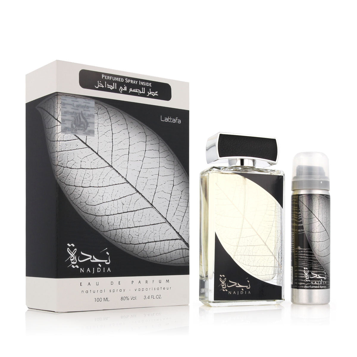 Front view of Lattafa Najdia gift set with 100ml Eau de Parfum and 50ml deodorant