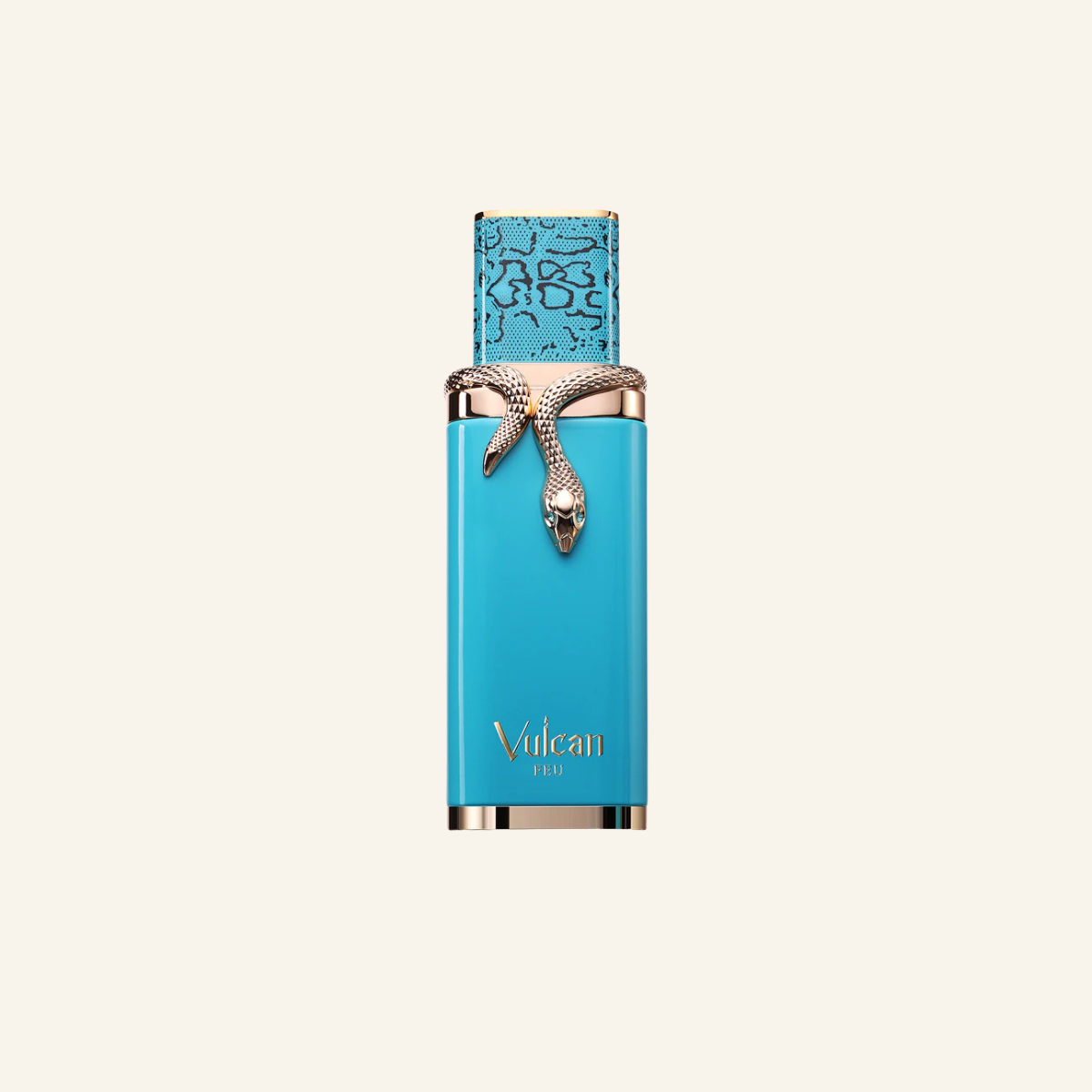 Vulcan Eau de Toilette bottle in a vibrant turquoise blue color, featuring a metallic silver snake wrapped around the neck and a patterned cap, set against a solid cream background.