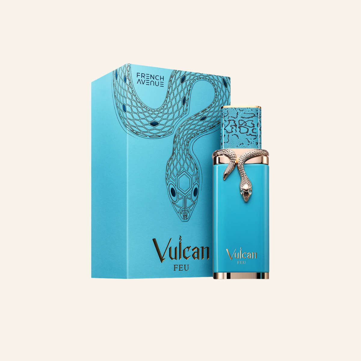 Vulcan Feu perfume by French Avenue, featuring a turquoise blue box and matching bottle with a metallic silver snake detail and gold lettering, set against a light beige background.