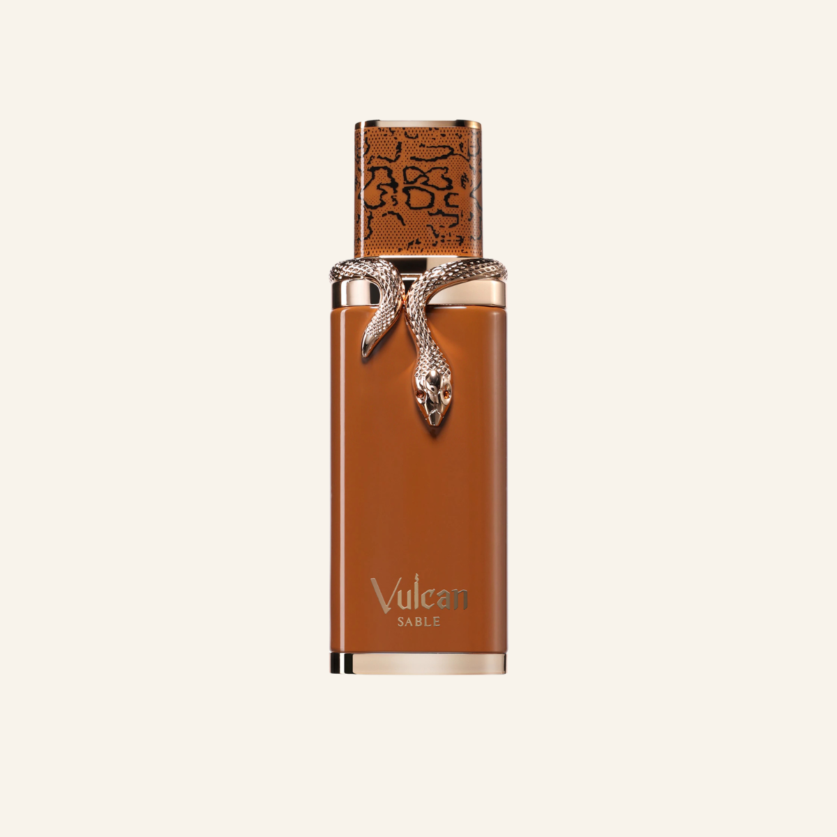 Vulcan Sable perfume bottle by Dior, featuring a warm brown body with a metallic rose gold snake detail and a patterned cap, set against a solid off-white background.