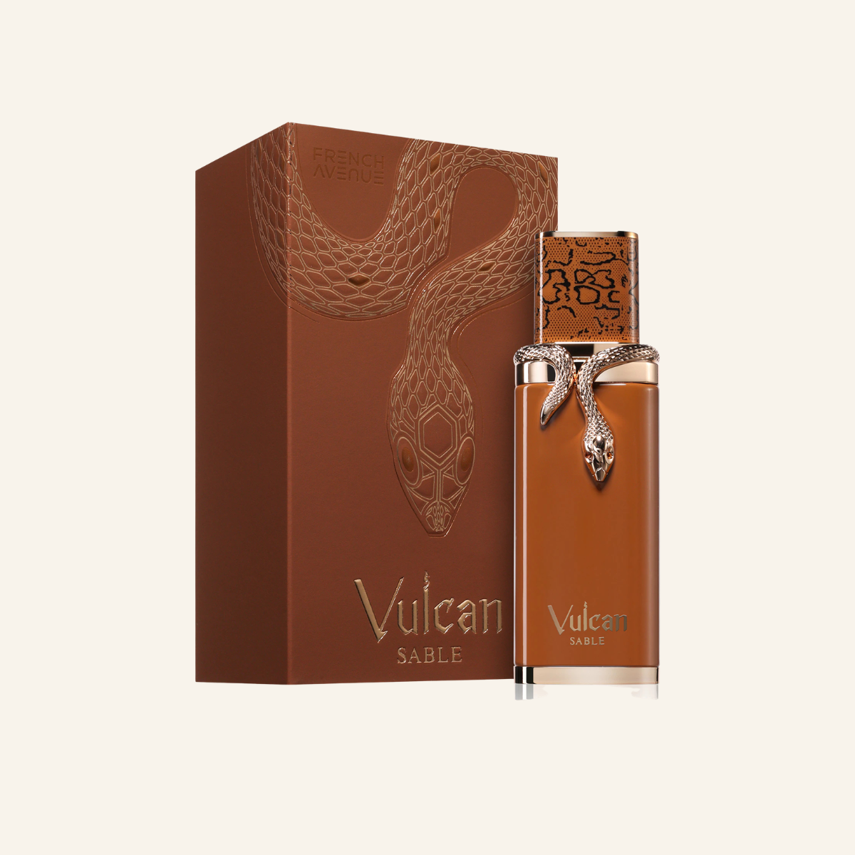 Vulcan Sable perfume bottle and its matching brown box, both featuring a raised snake design and gold lettering, set against a solid off-white background.