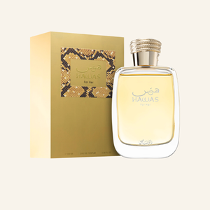 A bottle of Hawas For Her Eau de parfume spray next to its gold-colored packaging box, featuring a gold snake-print label on a light cream background.