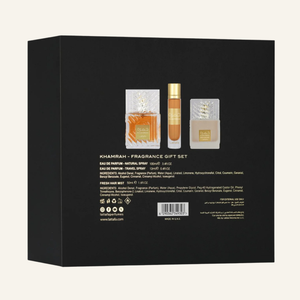 The back of a black Khamrah Fragrance Gift Set box, showing product images of three perfume bottles and ingredient details in English and Arabic on a light beige background.