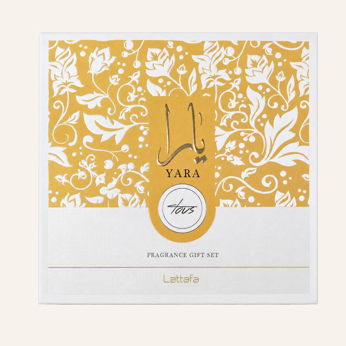 Square fragrance gift set packaging with a white border, a mustard yellow floral patterned upper section, and a white lower section. The center features a circular gold-and-white emblem with the brand name Yara and the word 'Lattafa' printed below.