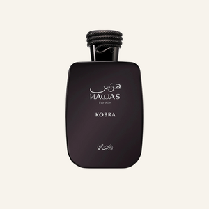 A dark brown rectangular perfume bottle with rounded corners, featuring white Arabic and English text that reads 'NAWAS For Men' and 'KOBRA'. The bottle is topped with a textured black cap and is centered against a solid off-white background.