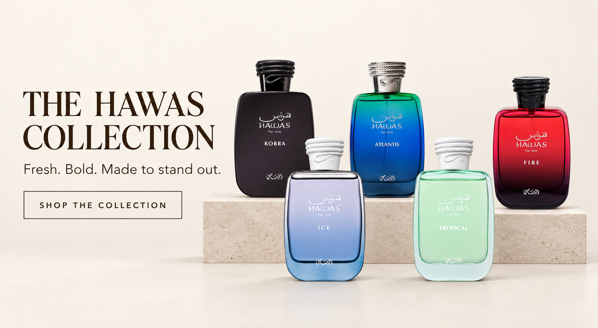 Five fragrance bottles from the Hawas Collection by Kifi Cosmetics are displayed on a light beige background with text on the left. The collection includes five distinct scents: Sombra (black), Atlantis (blue gradient), Fire (red gradient), Ice (light blue gradient), and Tropical (light green gradient).