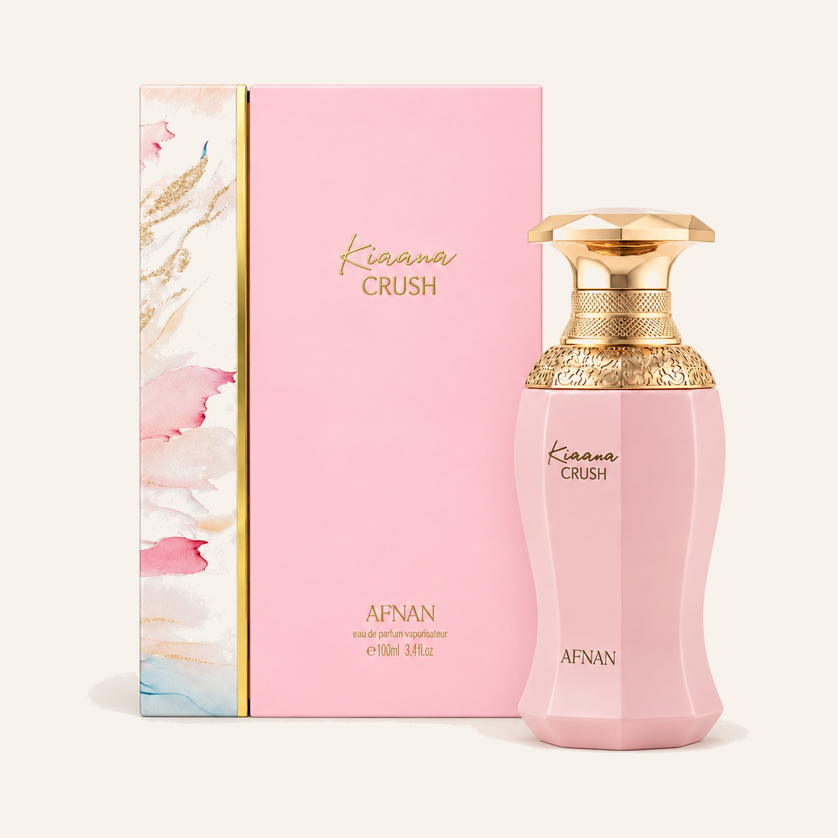 Afnan Kiaana Crush EDP 100ml bottle and box on cream background