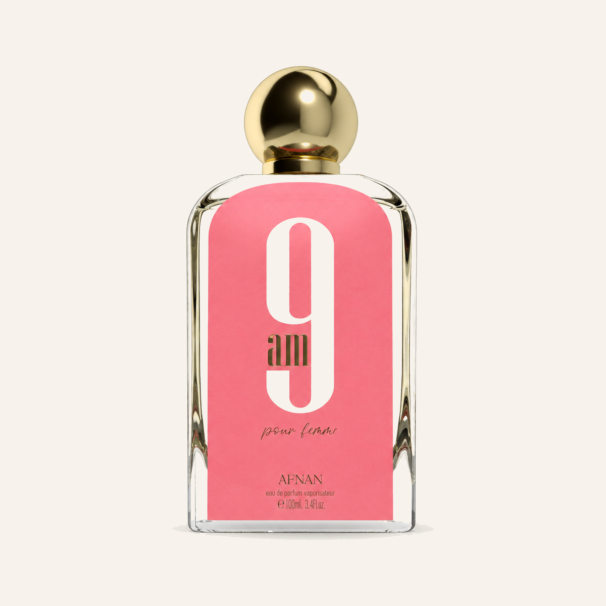 Afnan 9AM Pour Femme EDP 100ml bottle on cream background
