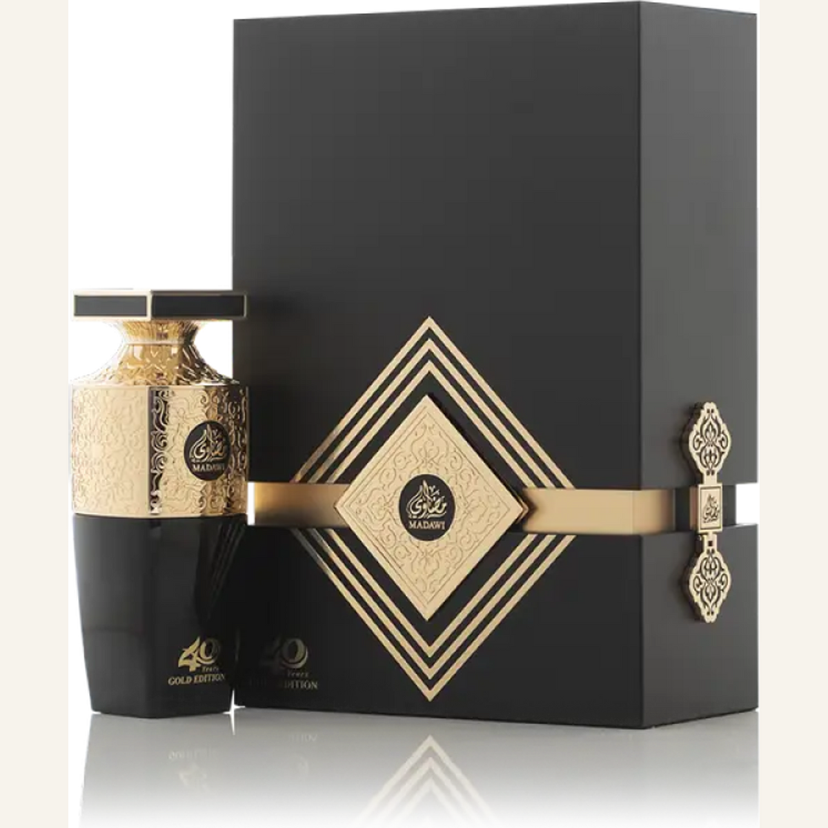 Madawi Gold Edition 100ml by Arabian Oud on cream background