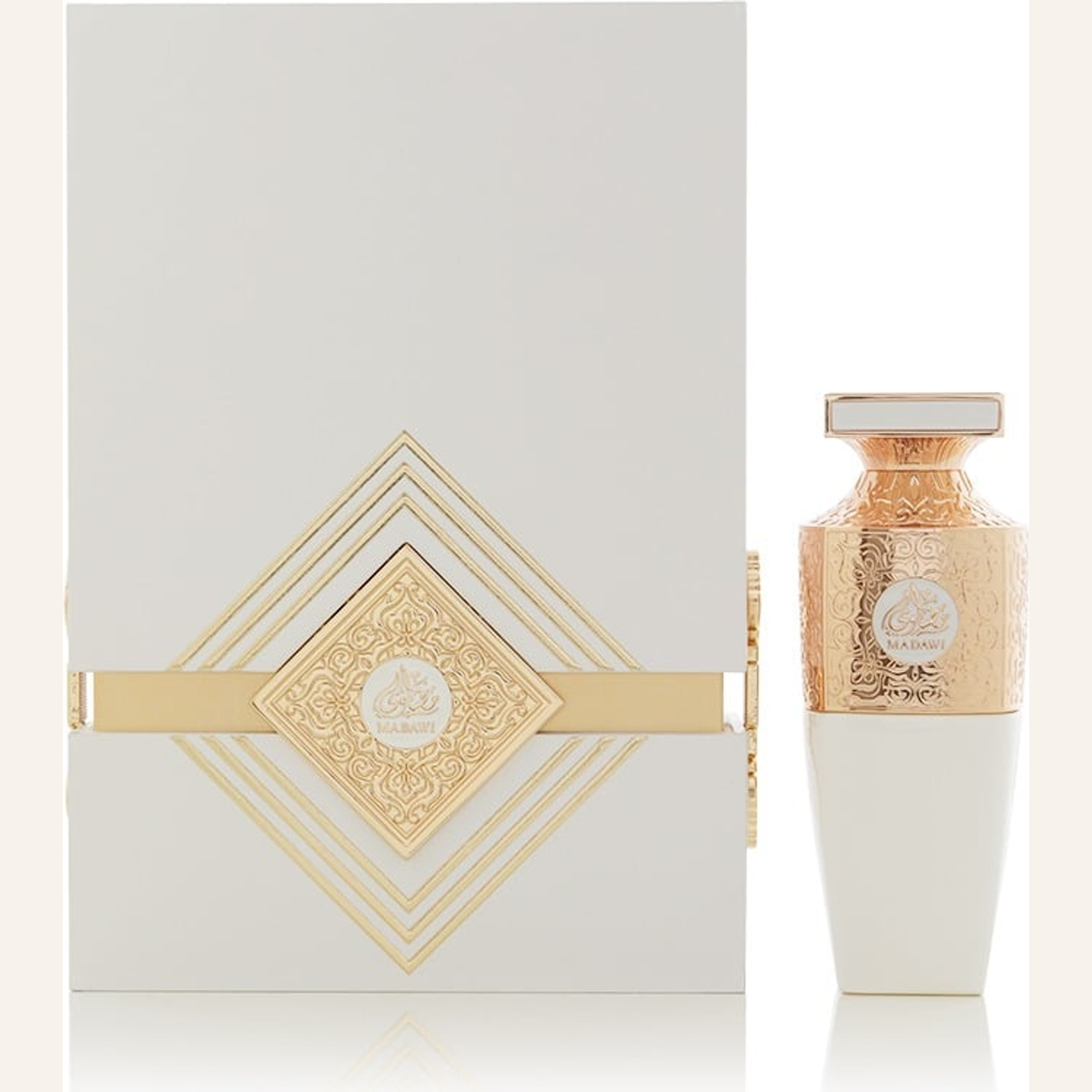 Madawi White 100ml by Arabian Oud on cream background