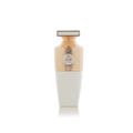 Perfume bottle with gold cap and white body on a white background