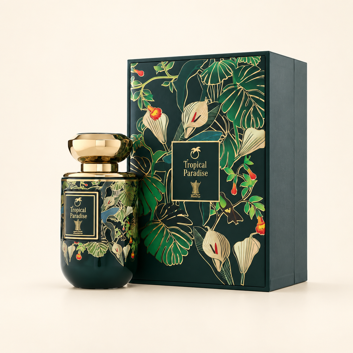 Arabian Oud Tropical Paradise EDP 100ml on warm ivory background