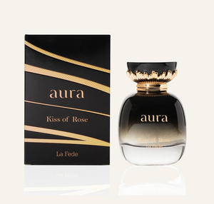 Khadlaj La Fede Aura Kiss of Rose EDP 100ml bottle, Dubai Oud background #f7f3ec