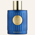 Khadlaj Azure Velvet EDP 100ml bottle, Dubai Oud background #f7f3ec