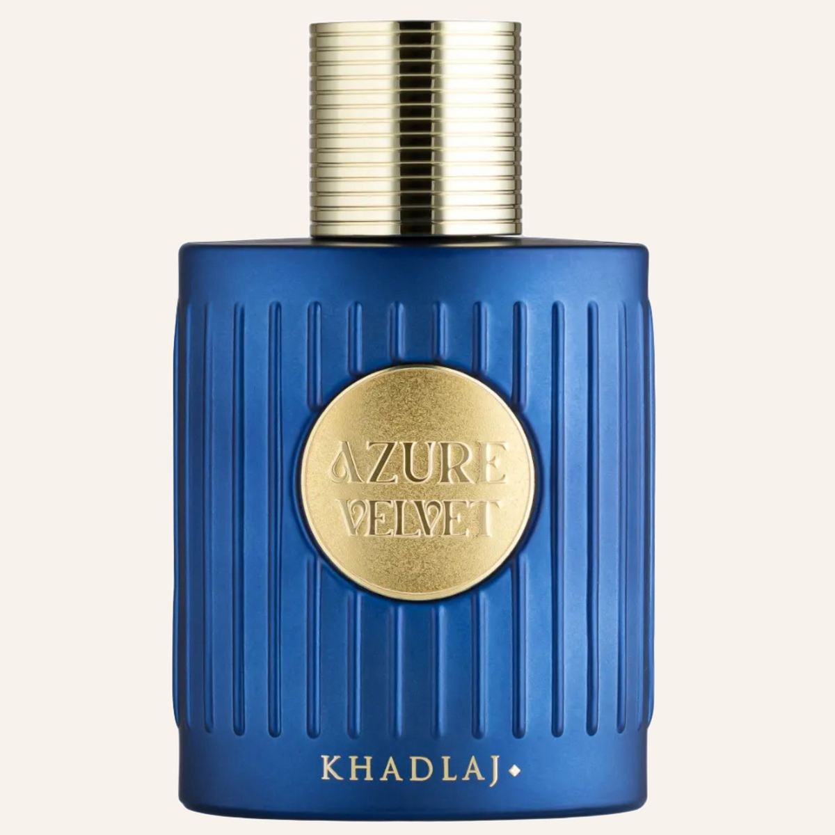 Khadlaj Azure Velvet EDP 100ml bottle, Dubai Oud background #f7f3ec