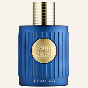 Khadlaj Azure Velvet EDP 100ml bottle, Dubai Oud background #f7f3ec