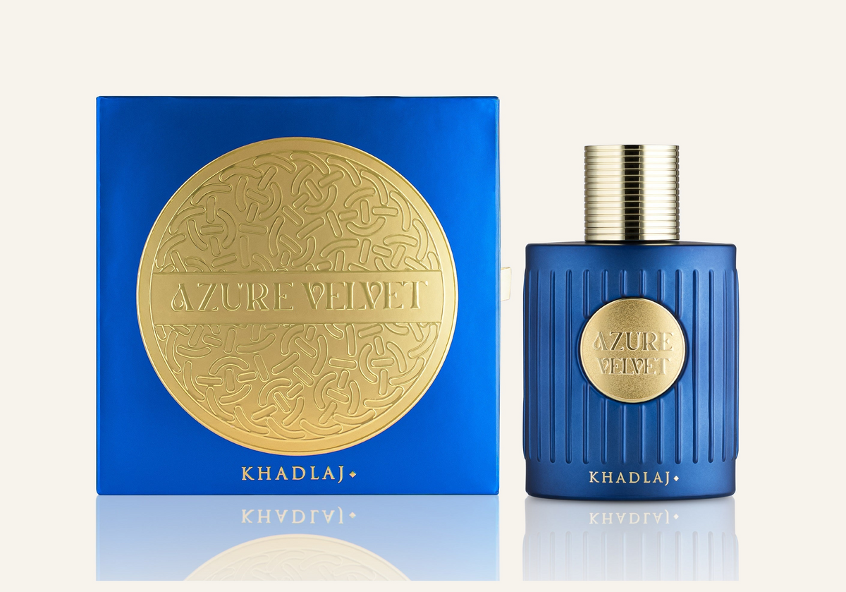 Khadlaj Azure Velvet EDP 100ml with box, Dubai Oud background #f7f3ec