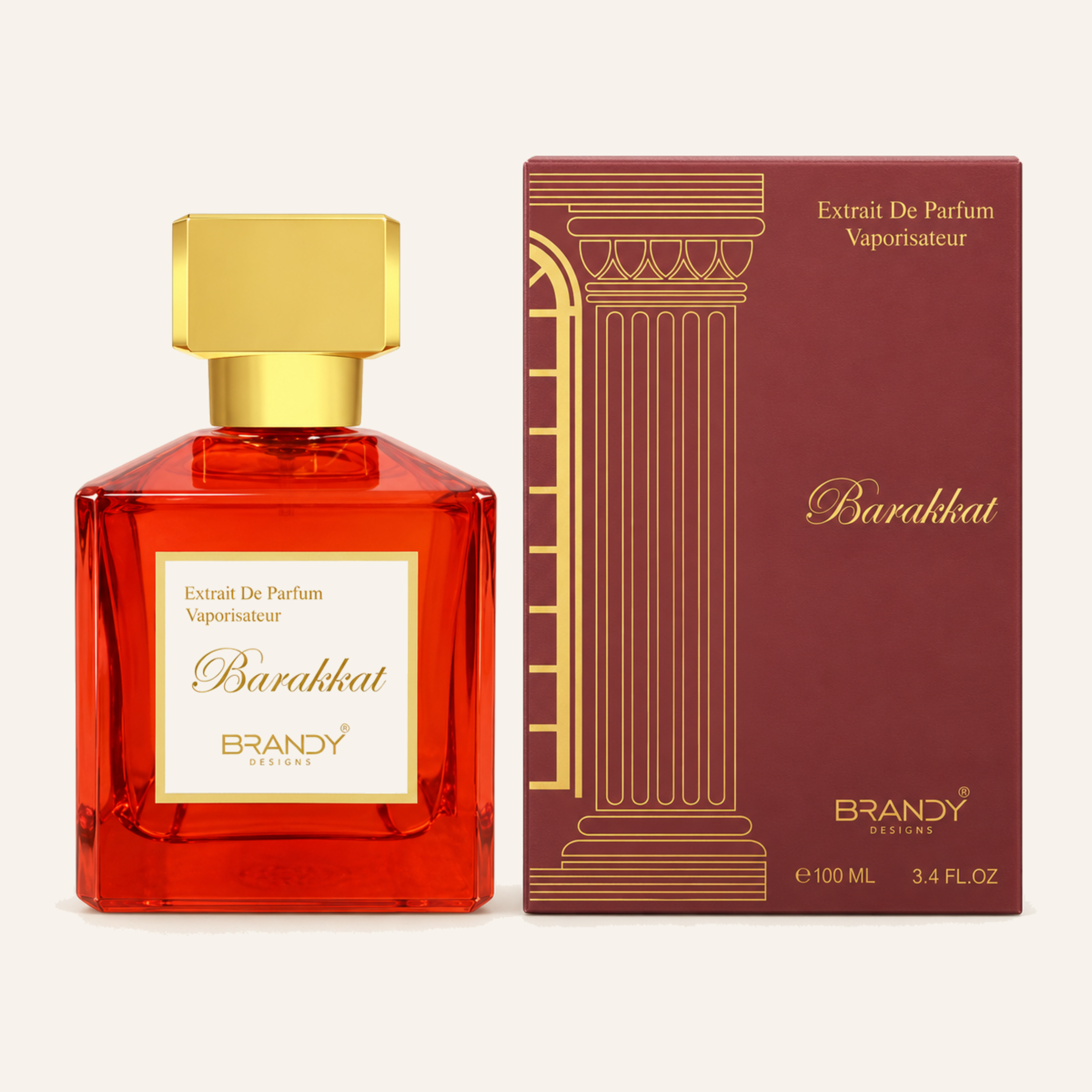 Barakkat Brandy Extrait de Parfum 100ml red bottle and box on cream background