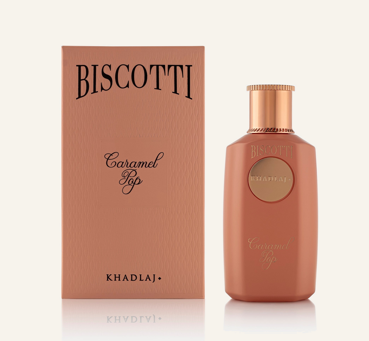 Khadlaj Biscotti Caramel Pop Extrait de Parfum 100ml with box, Dubai Oud background #f7f3ec