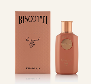Khadlaj Biscotti Caramel Pop Extrait de Parfum 100ml with box, Dubai Oud background #f7f3ec
