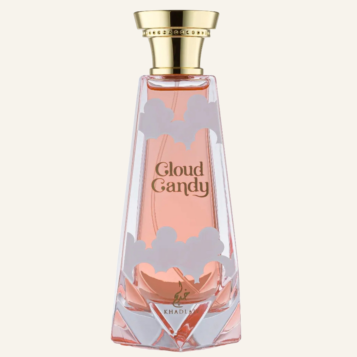 Khadlaj Cloud Candy EDP 100ml bottle, Dubai Oud background #f7f3ec