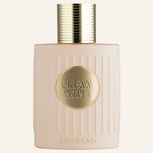 Khadlaj Cream Velvet Extrait de Parfum 100ml bottle, Dubai Oud background #f7f3ec