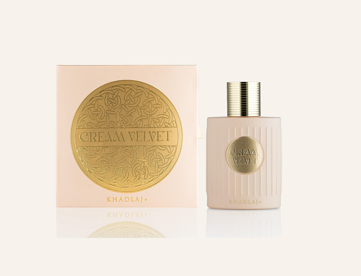 Khadlaj Cream Velvet Extrait de Parfum 100ml with box, Dubai Oud background #f7f3ec