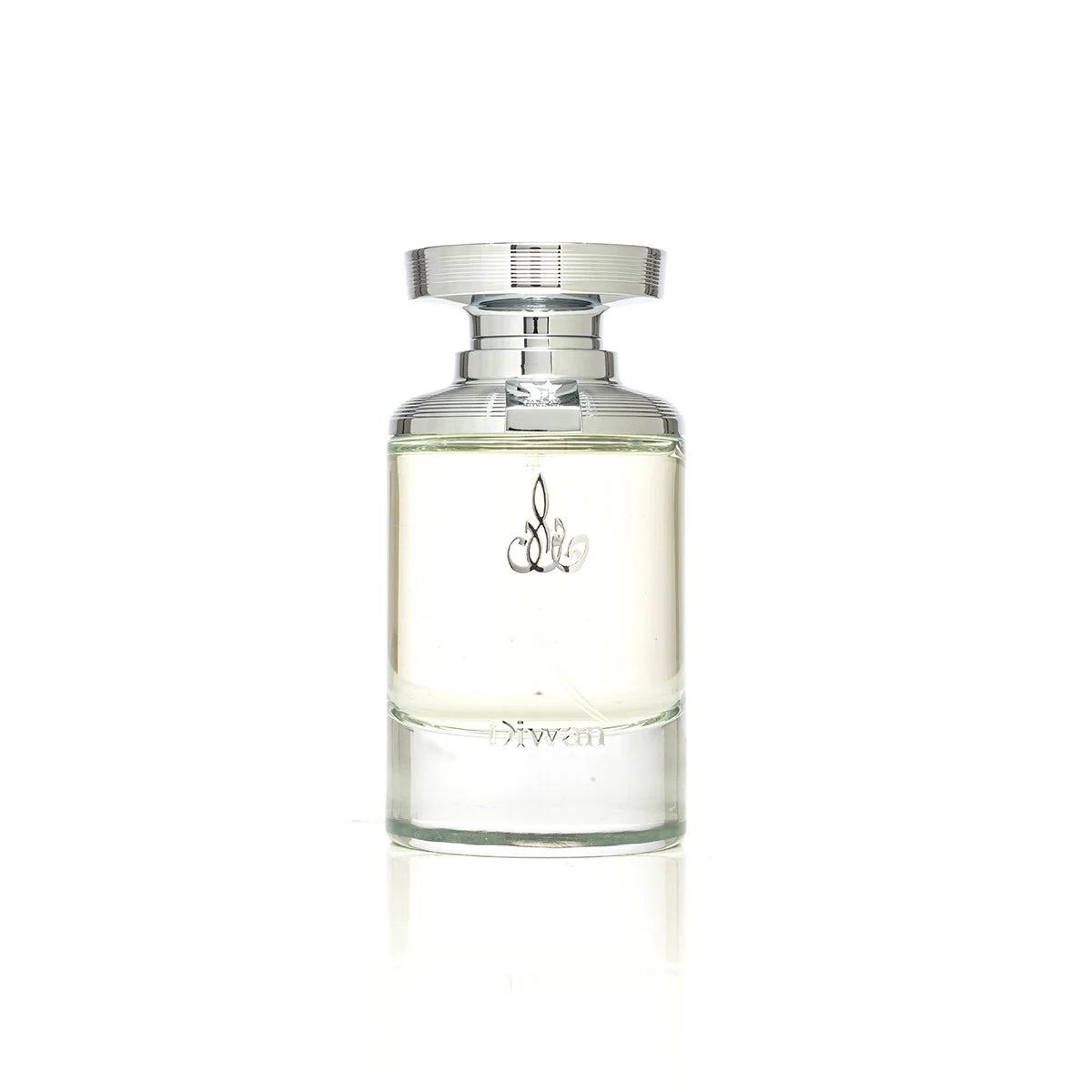 Perfume bottle with silver cap on a white background