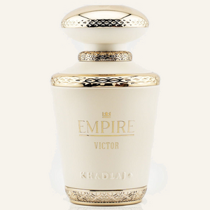 Khadlaj Empire Victor EDP 100ml bottle, Dubai Oud background #f7f3ec