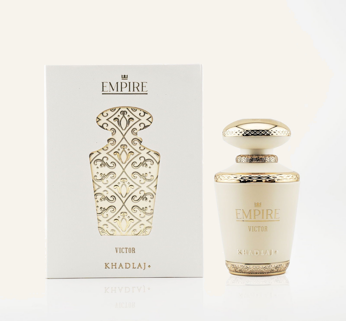 Khadlaj Empire Victor EDP 100ml with box, Dubai Oud background #f7f3ec