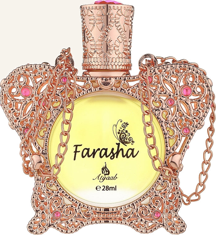 Khadlaj Farasha Perfume Oil 28ml bottle, Dubai Oud background #f7f3ec