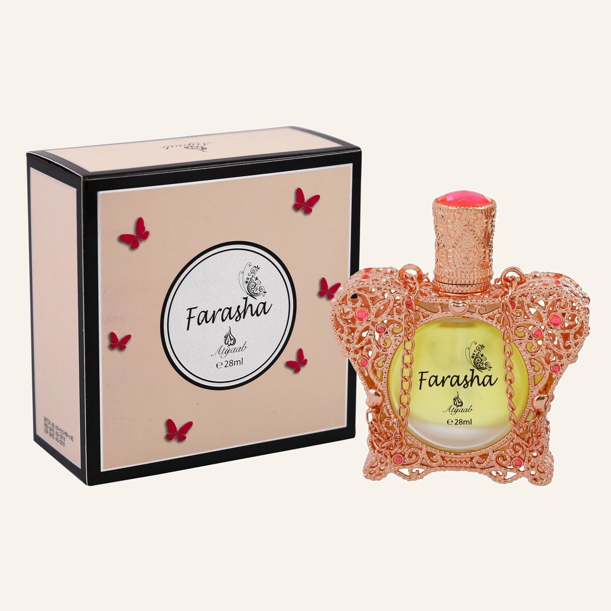 Khadlaj Farasha Perfume Oil 28ml with box, Dubai Oud background #f7f3ec