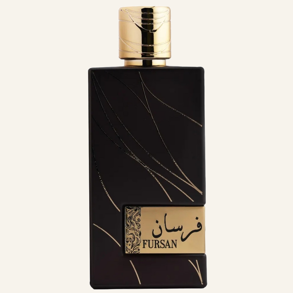 Khadlaj Fursan Brown EDP 100ml bottle, Dubai Oud background #f7f3ec