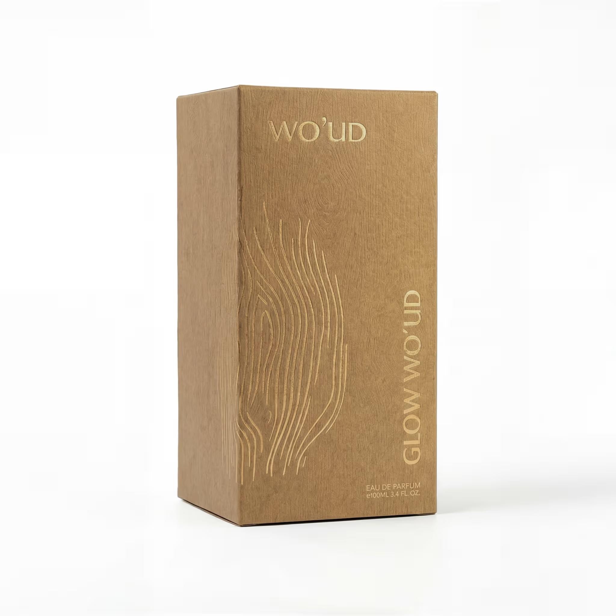 Glow Wo’ud Perfume 100ml box packaging by Dubai Oud